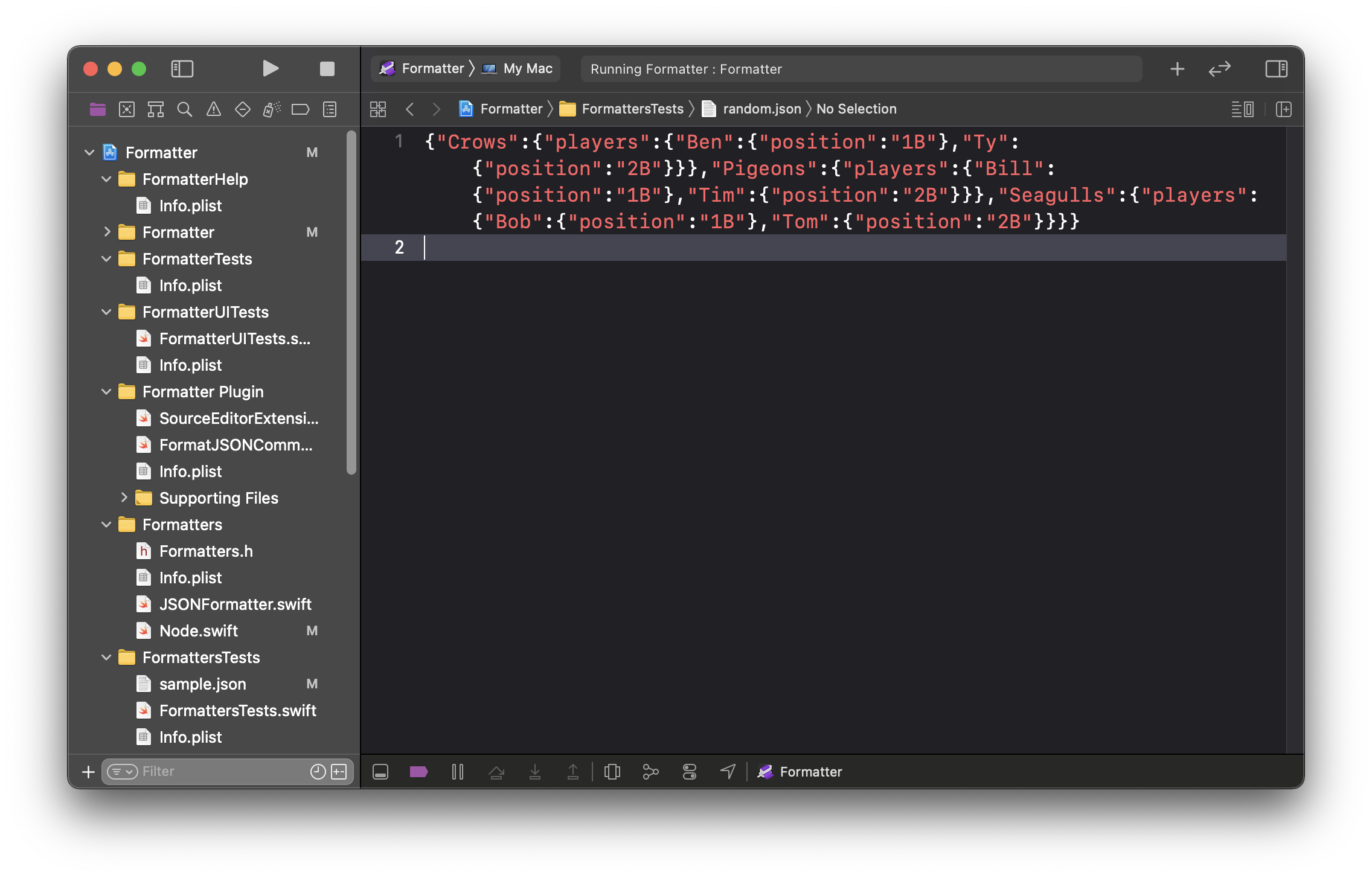 Formatter screenshot showing unformatted JSON file in Xcode.