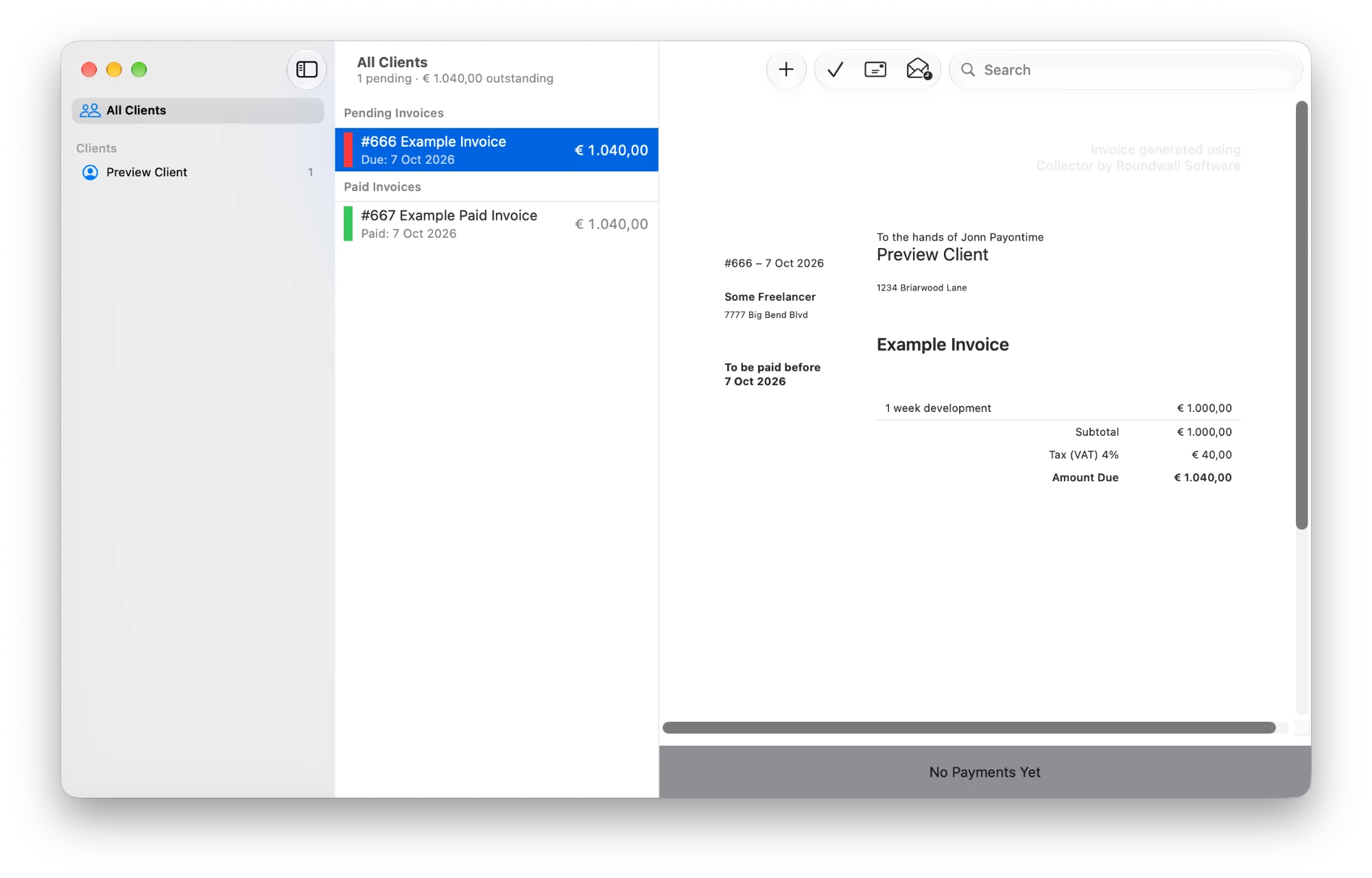 Granary's main window: a list of pending and paid invoices beside a preview of the selected invoice.